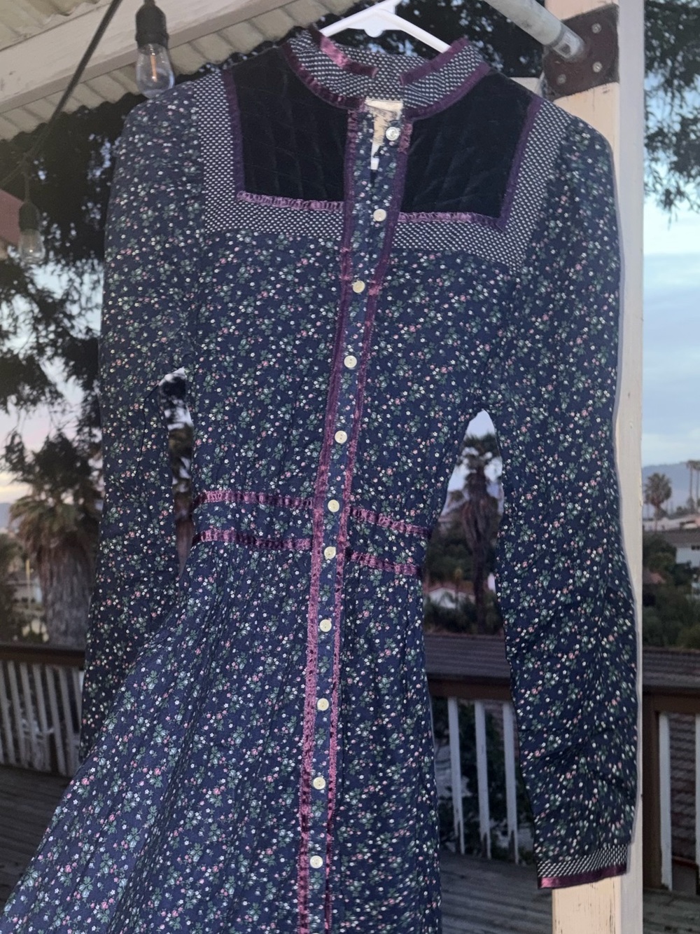 Gunne Sax Navy Floral Long-Sleeve Button-Front Maxi Dress with Purple Accents